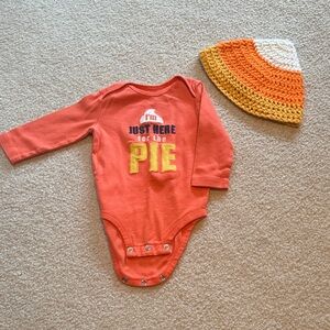 Orange Thanksgiving 6 month Baby Onesie with crochet candy corn hat